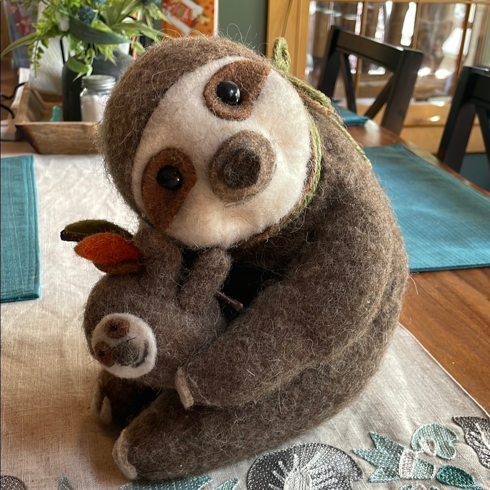 Adorable Felt Sloth and Baby Figurine